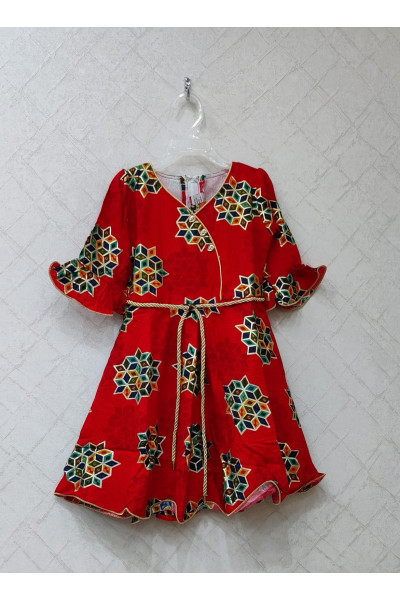 Fancy Neck Design Red Printed Kids Dress (KR1206)